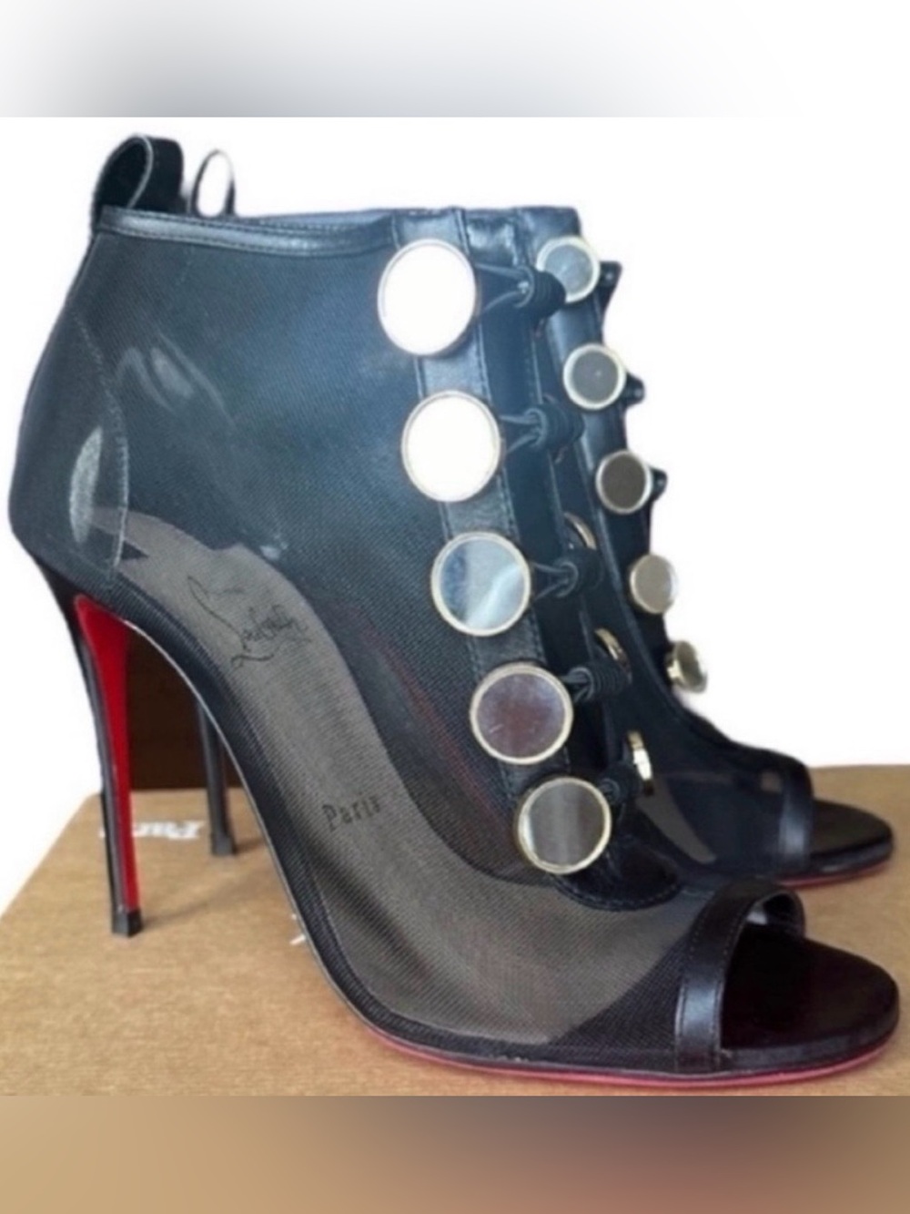 Christian Louboutin Marikat Mirror mesh booties DAMAGED RIGHT heel cap easy fix
